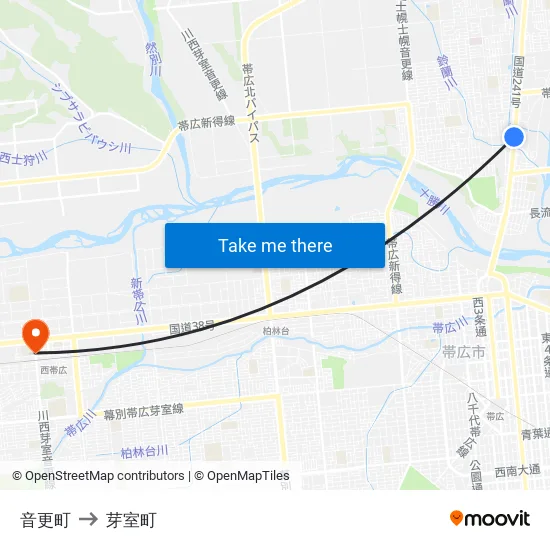 音更町 to 芽室町 map