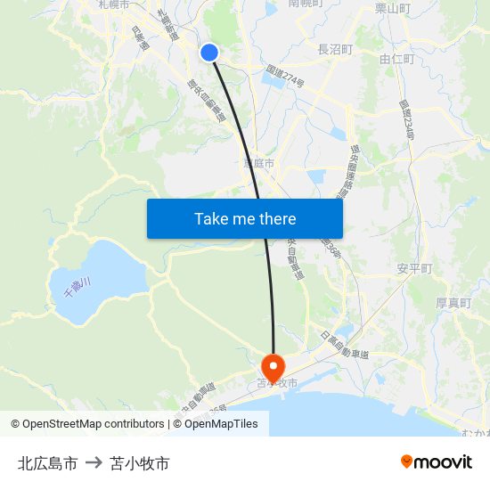 北広島市 to 苫小牧市 map