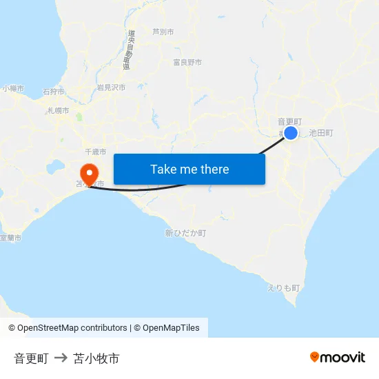 音更町 to 苫小牧市 map