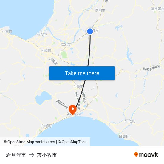岩見沢市 to 苫小牧市 map