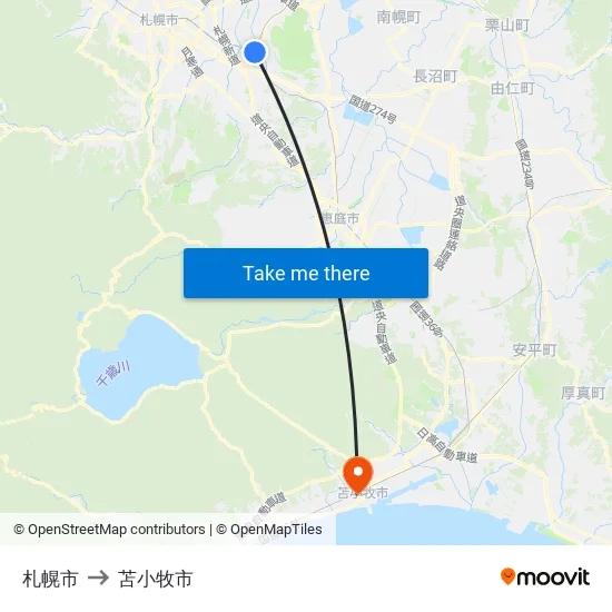 札幌市 to 苫小牧市 map