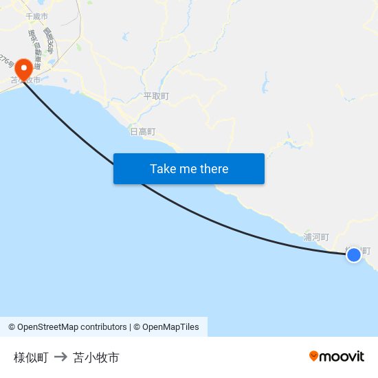 様似町 to 苫小牧市 map
