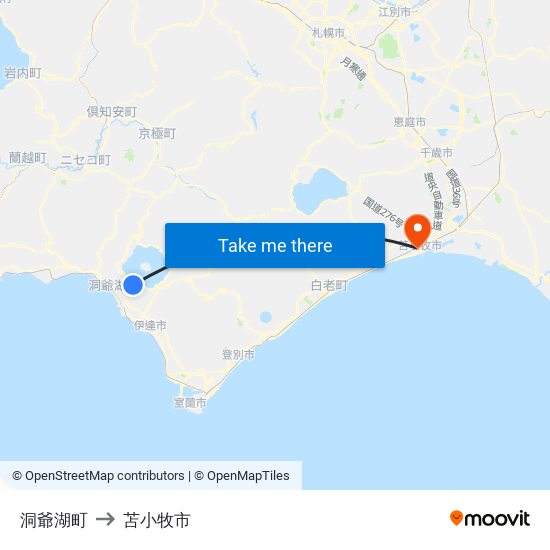 洞爺湖町 to 苫小牧市 map