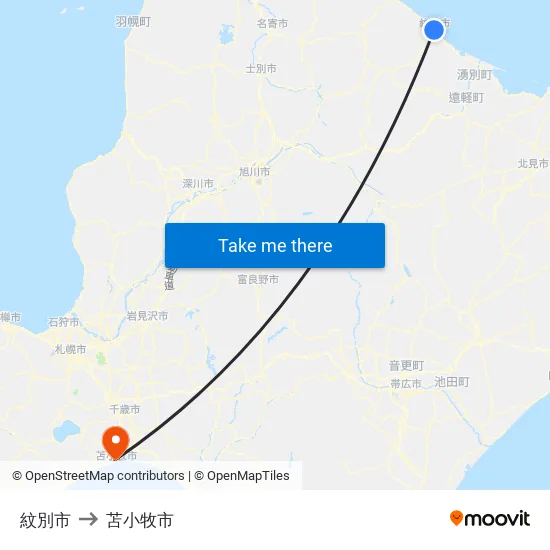 紋別市 to 苫小牧市 map