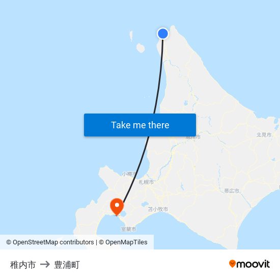 稚内市 to 豊浦町 map