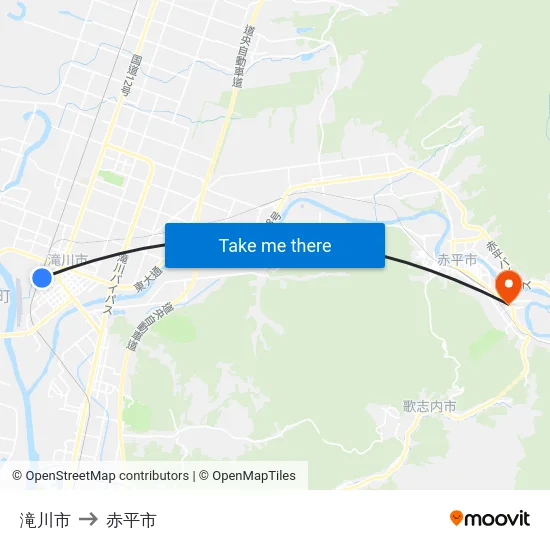 滝川市 to 赤平市 map