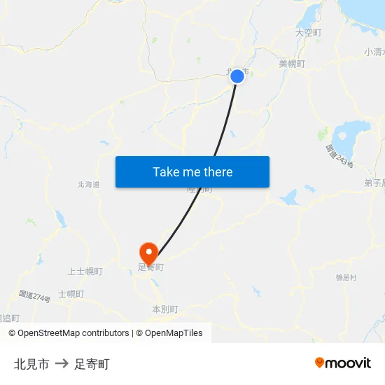 北見市 to 足寄町 map