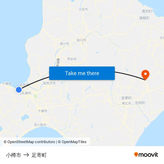 小樽市 to 足寄町 map
