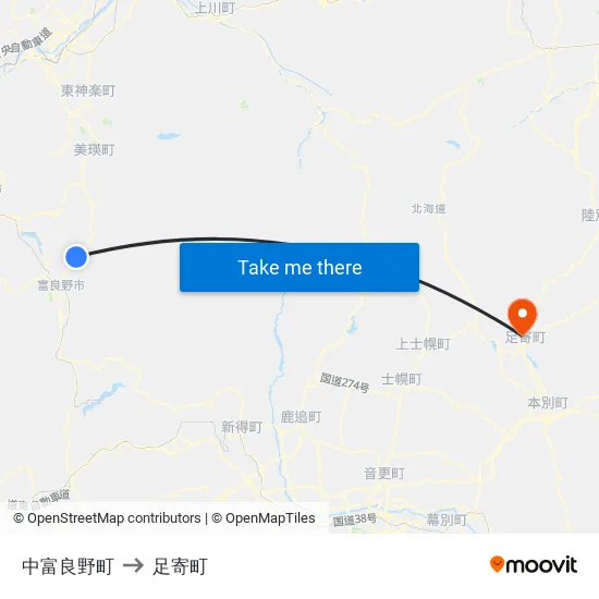 中富良野町 to 足寄町 map