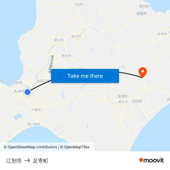 江別市 to 足寄町 map