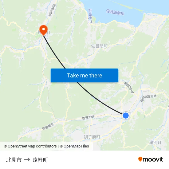 北見市 to 遠軽町 map