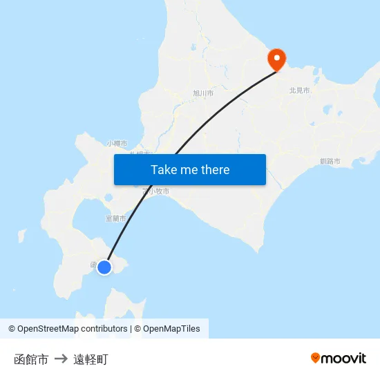 函館市 to 遠軽町 map