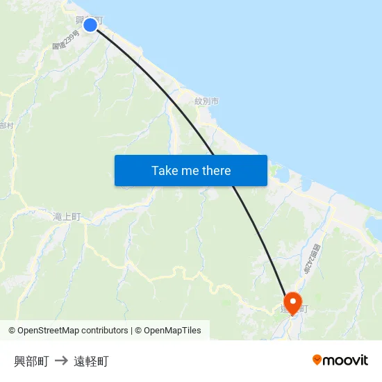 興部町 to 遠軽町 map