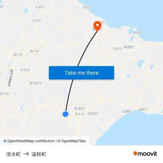 清水町 to 遠軽町 map