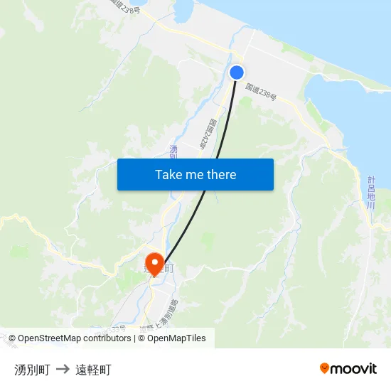 湧別町 to 遠軽町 map