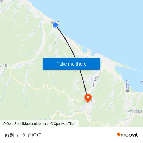 紋別市 to 遠軽町 map