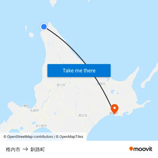 稚内市 to 釧路町 map