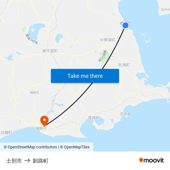 士別市 to 釧路町 map