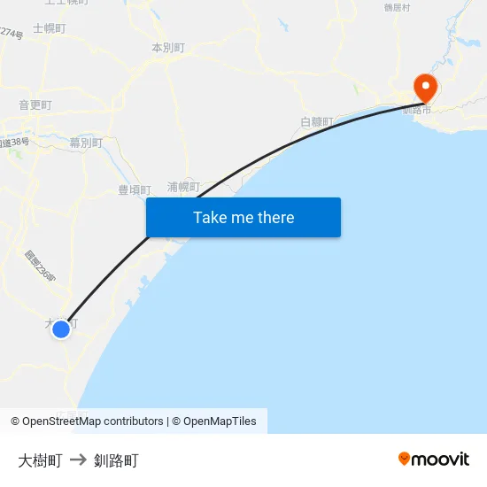 大樹町 to 釧路町 map