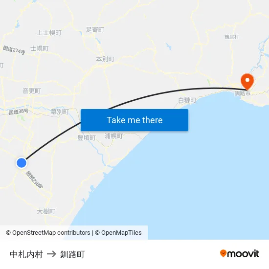 中札内村 to 釧路町 map