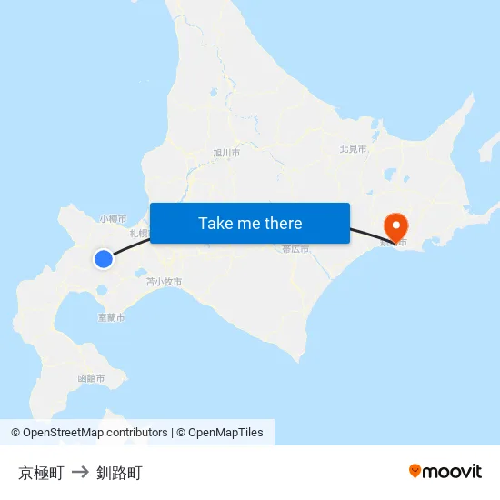 京極町 to 釧路町 map