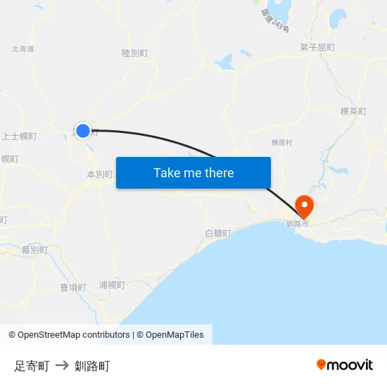 足寄町 to 釧路町 map