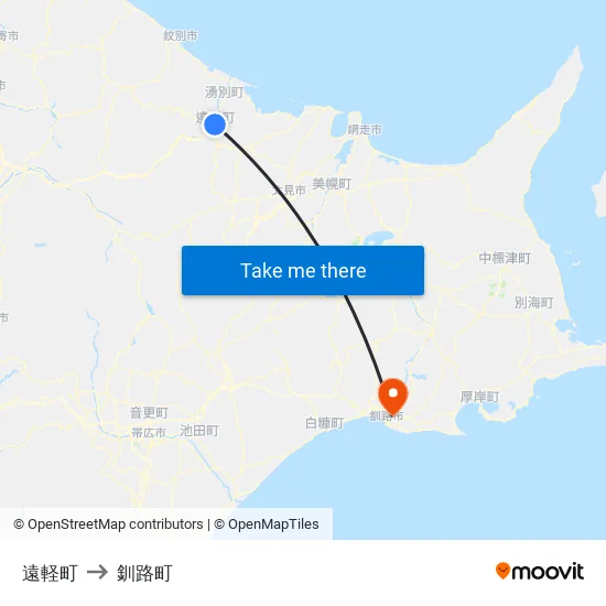 遠軽町 to 釧路町 map