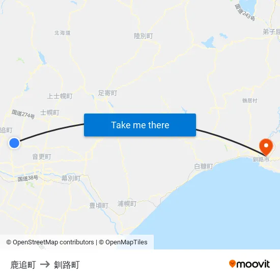 鹿追町 to 釧路町 map