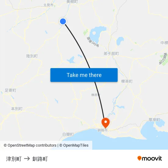 津別町 to 釧路町 map