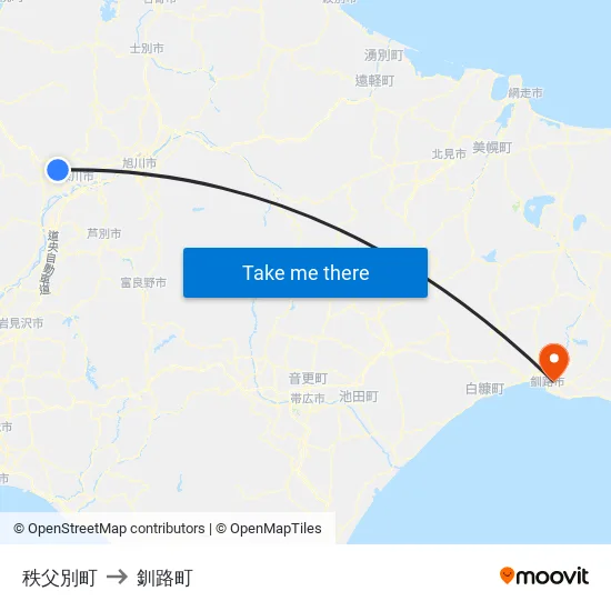 秩父別町 to 釧路町 map