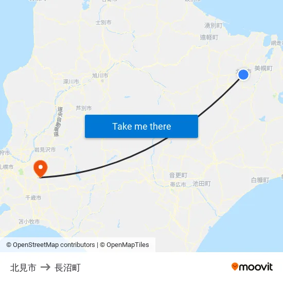 北見市 to 長沼町 map