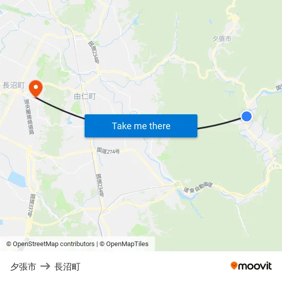 夕張市 to 長沼町 map
