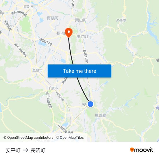 安平町 to 長沼町 map