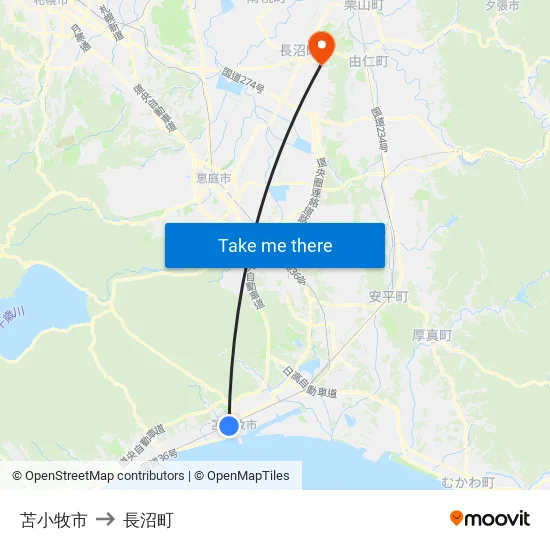 苫小牧市 to 長沼町 map