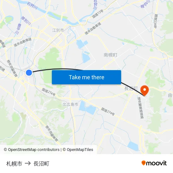札幌市 to 長沼町 map