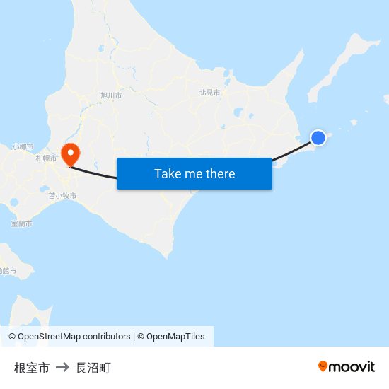 根室市 to 長沼町 map