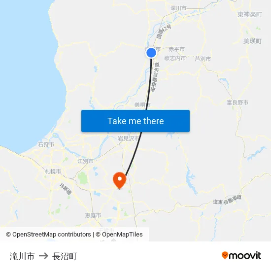 滝川市 to 長沼町 map