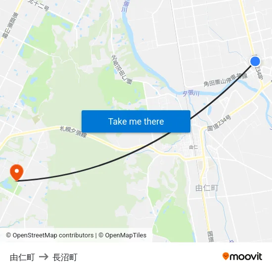 由仁町 to 長沼町 map