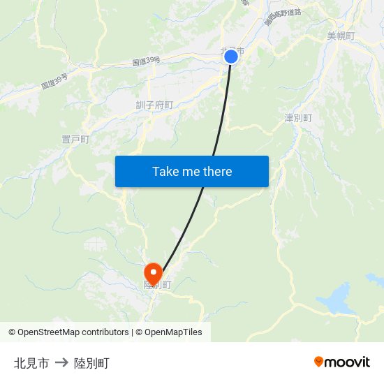 北見市 to 陸別町 map
