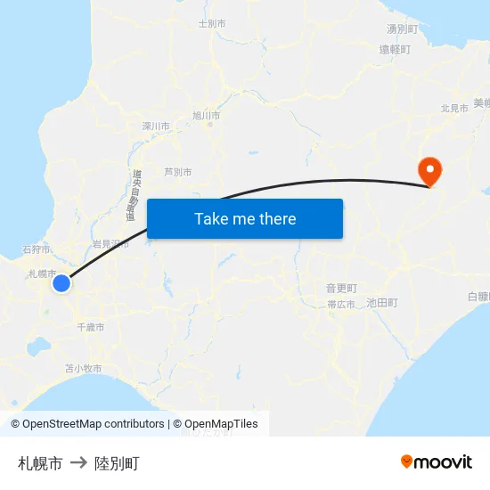 札幌市 to 陸別町 map