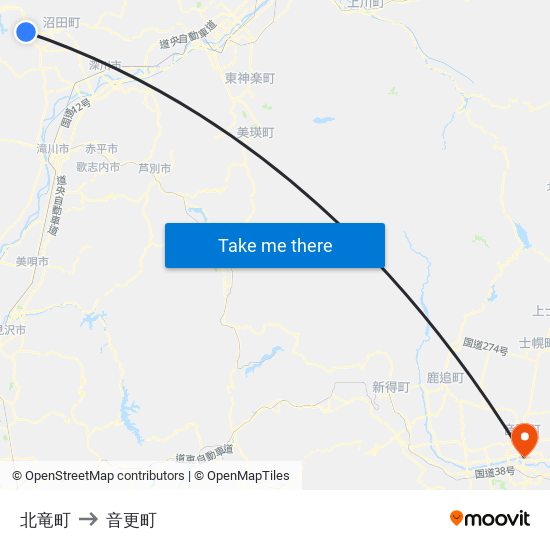 北竜町 to 音更町 map