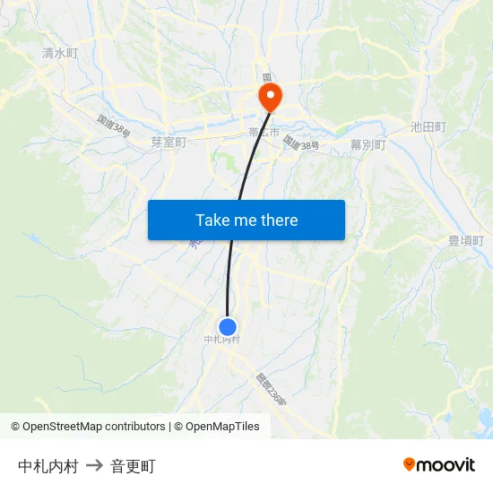 中札内村 to 音更町 map
