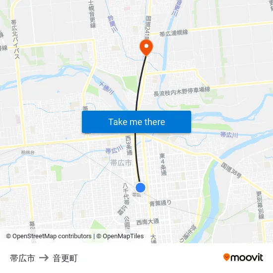 帯広市 to 音更町 map