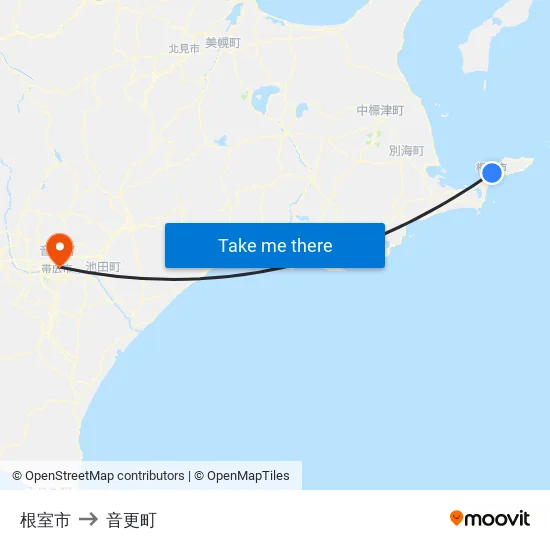 根室市 to 音更町 map