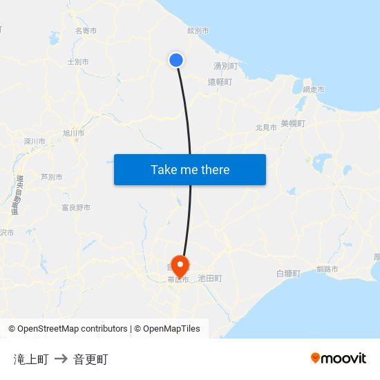 滝上町 to 音更町 map