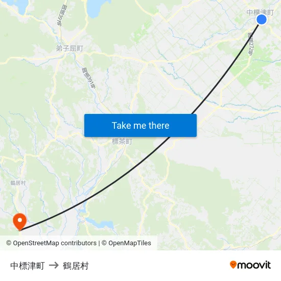 中標津町 to 鶴居村 map
