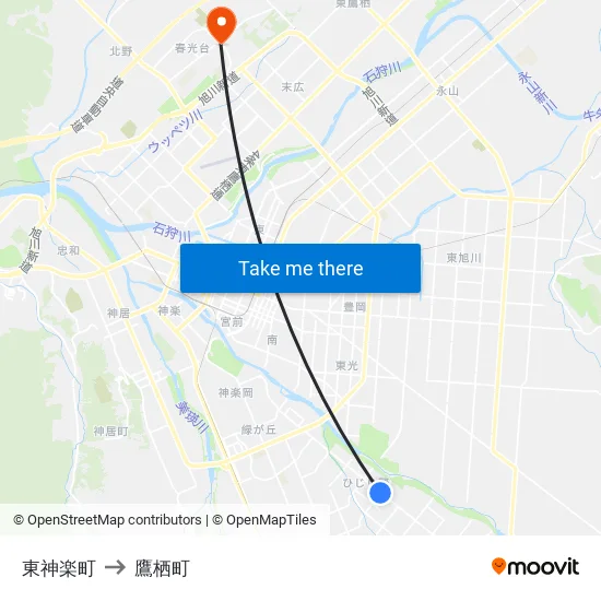 東神楽町 to 鷹栖町 map