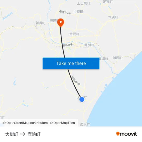 大樹町 to 鹿追町 map