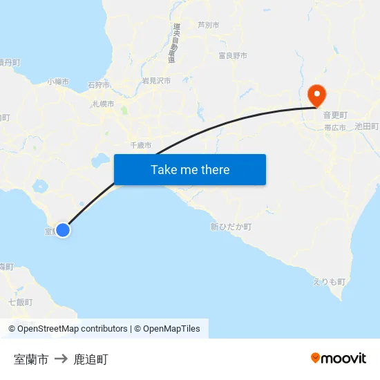 室蘭市 to 鹿追町 map