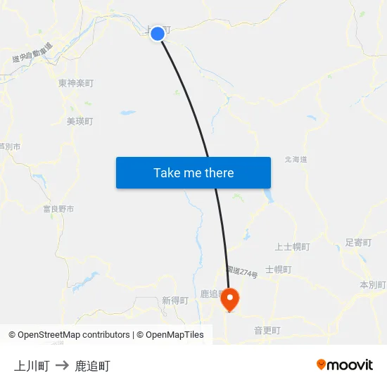 上川町 to 鹿追町 map